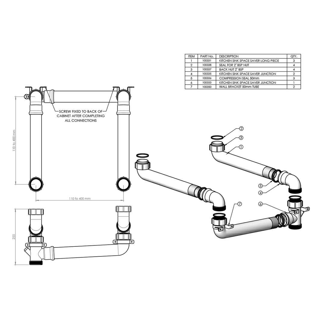 Kitchen Sink Double Bowl Space Saver Trap 50mm