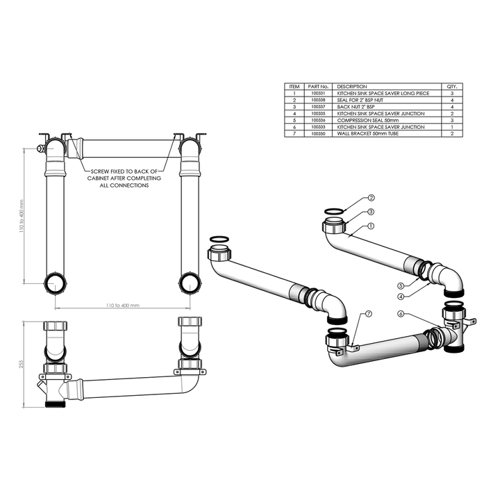 Kitchen Sink Double Bowl Space Saver Trap 50mm