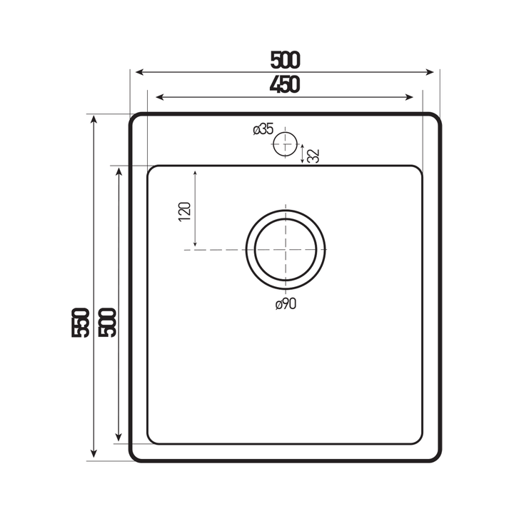 Lavello 45L Utility Sink with Tap Hole 550x500x250mm