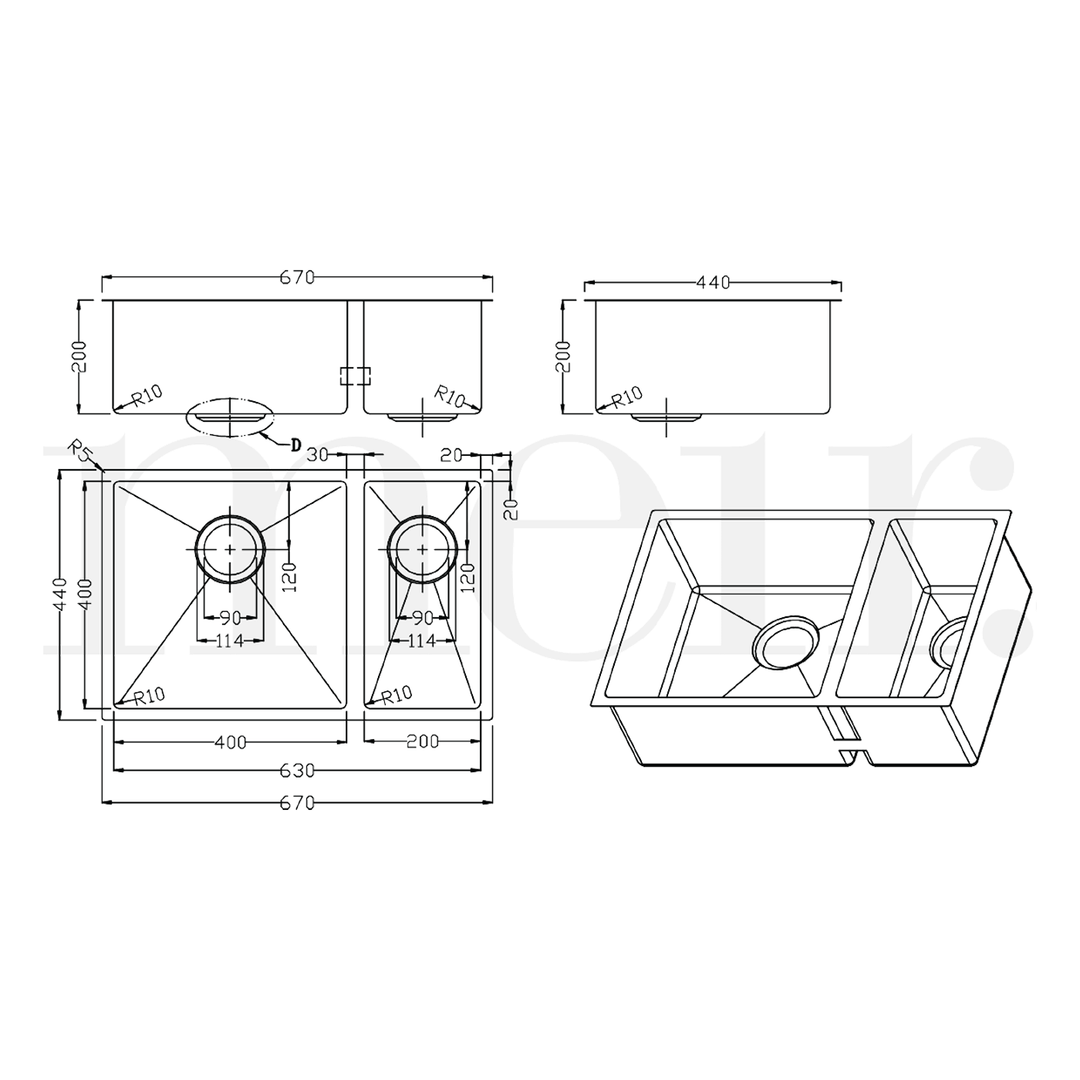 Lavello 1.5 Bowl Stainless Steel Sink 670x440x200mm