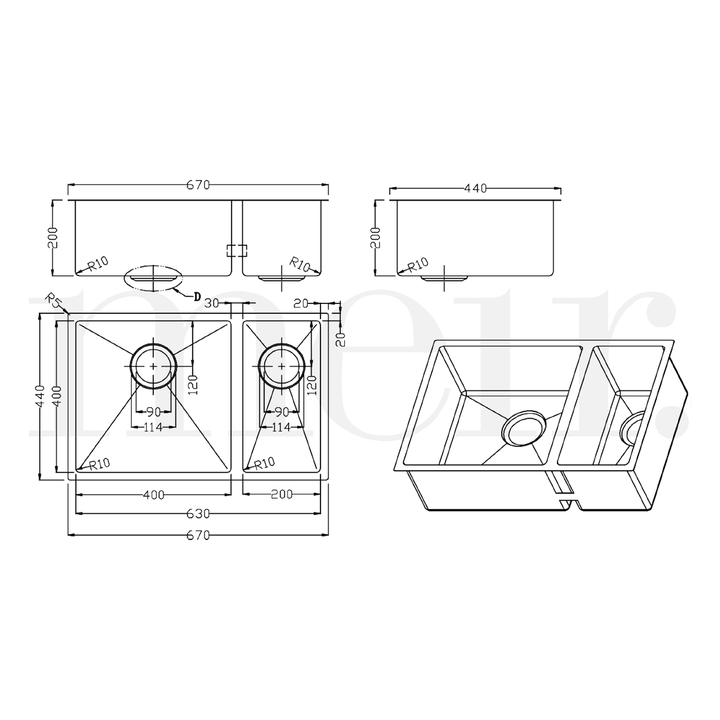 Lavello 1.5 Bowl Stainless Steel Sink 670x440x200mm