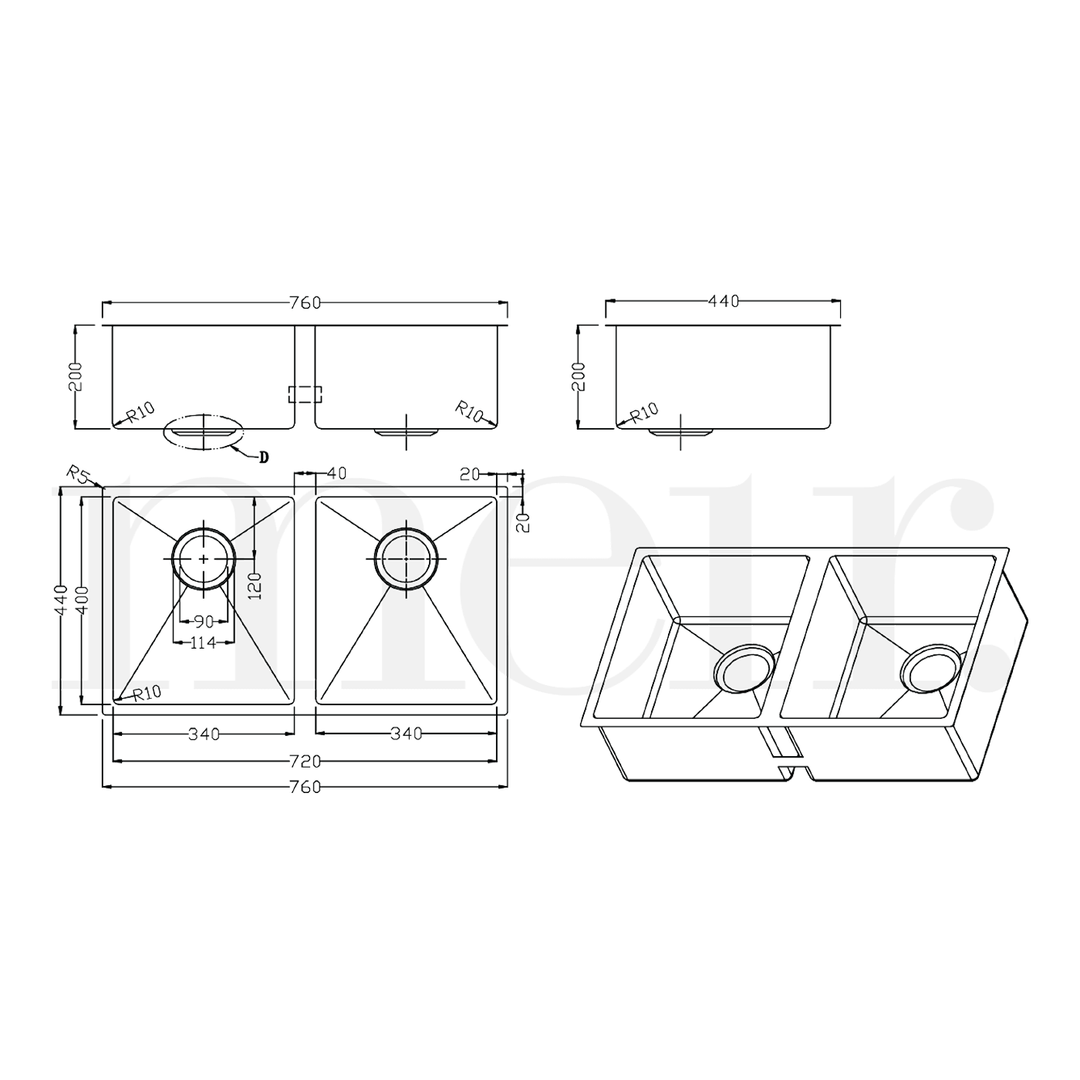 Lavello Double Bowl Stainless Steel Sink 760x440x200mm