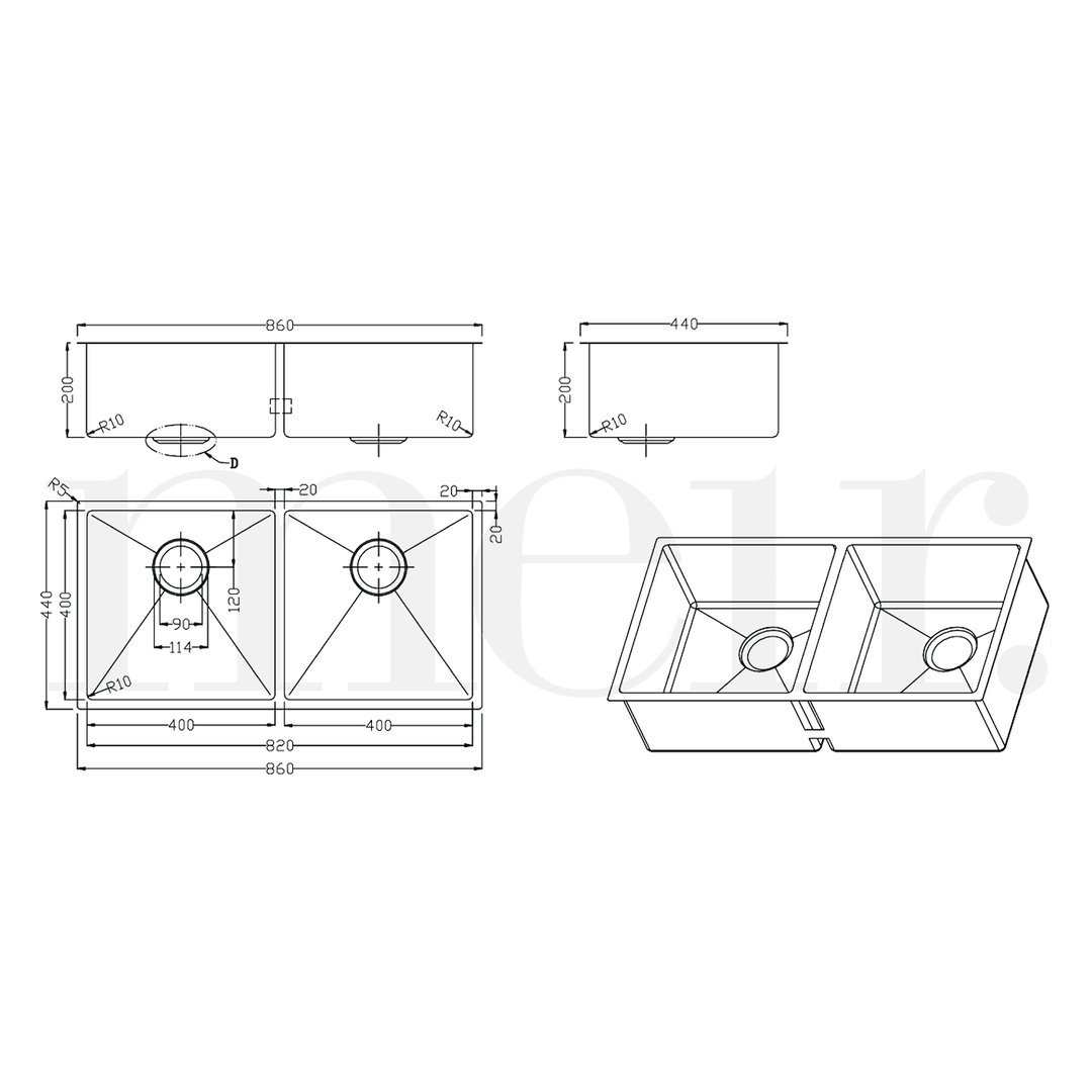 Lavello Double Bowl Stainless Steel Sink 860x440x200mm