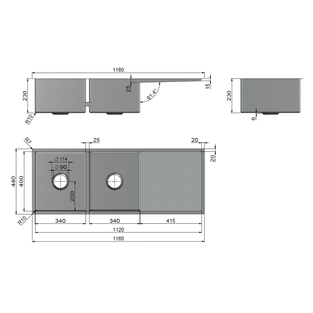 Lavello Double Stainless Steel Sink with Drainer 1160x440mm