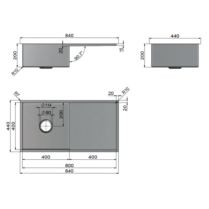 Lavello Single Stainless Steel Sink with Drainer 840x440x200mm