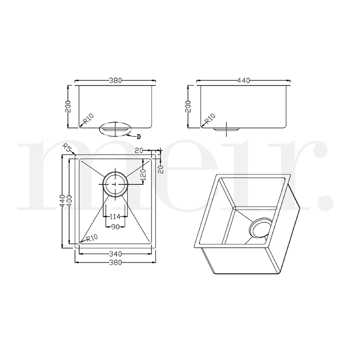 Lavello Single Bowl Stainless Steel Sink 380x440x200mm