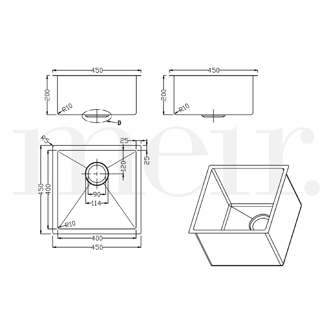 Lavello Single Bowl Stainless Steel Sink 450x450x200mm