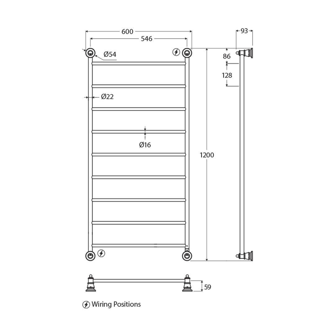 Lillian 9 Bar Heated Towel Rack 600x1200mm