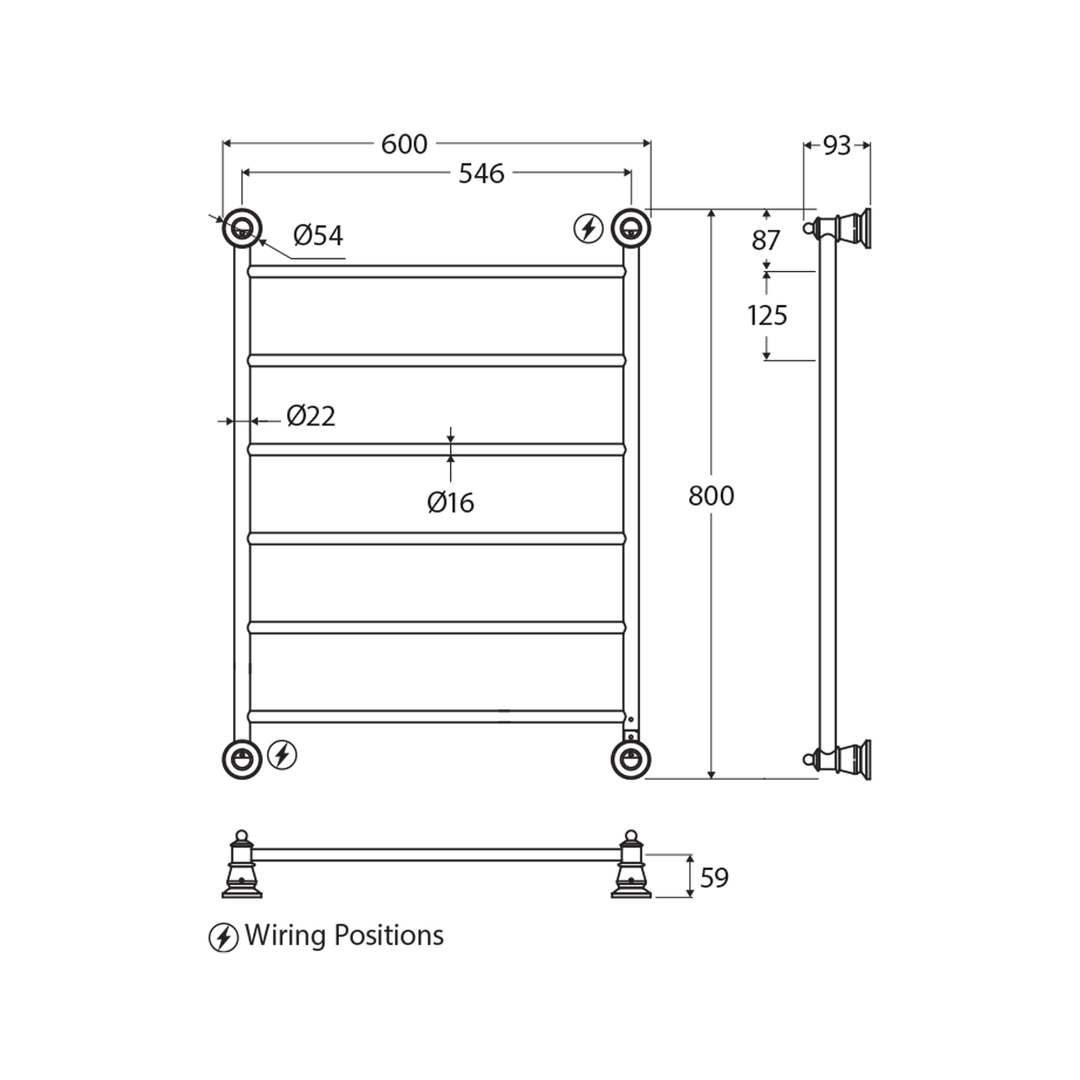 Lillian 6 Bar Heated Towel Rack 600x800mm