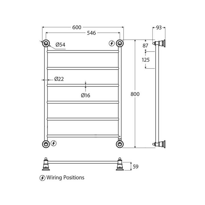 Lillian 6 Bar Heated Towel Rack 600x800mm