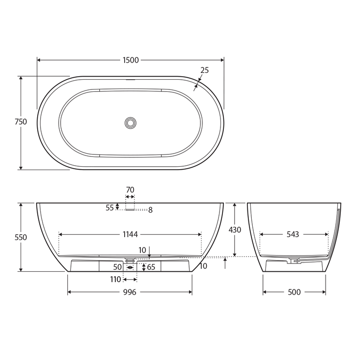 Luciana Freestanding Cast Stone Bathtub 1500-1690mm