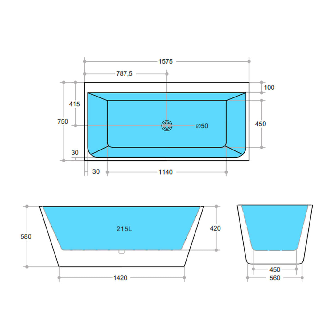 Lune Square Freestanding Back to Wall Bathtub 1575-1700mm