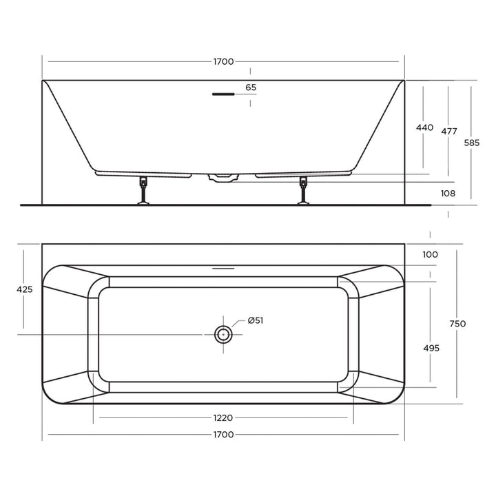 Lunus Back to Wall Overflow Bathtub Gloss White 1400-1700mm