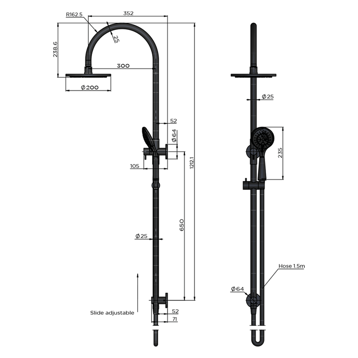 Meir Gooseneck 3-Function Handset Shower Rail