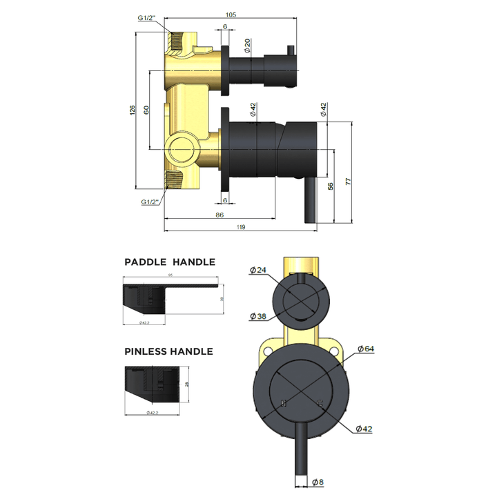 Meir Pin Handle Diverter Wall Mixer