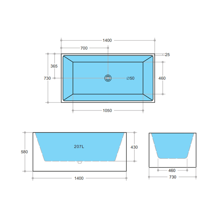 Multi-Fit Square Freestanding Bathtub 1400-1700mm