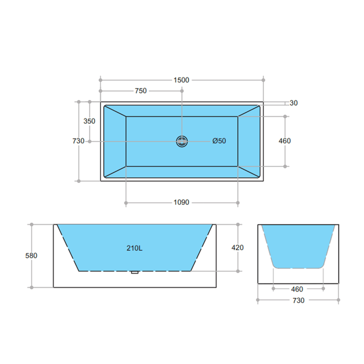 Multi-Fit Square Freestanding Bathtub 1400-1700mm