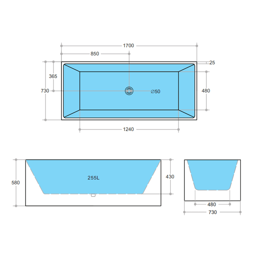 Multi-Fit Square Freestanding Bathtub 1400-1700mm