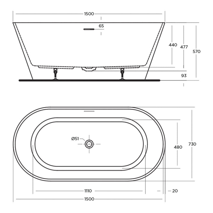 Nava Oval Freestanding Overflow Bathtub Gloss White 1400-1700mm