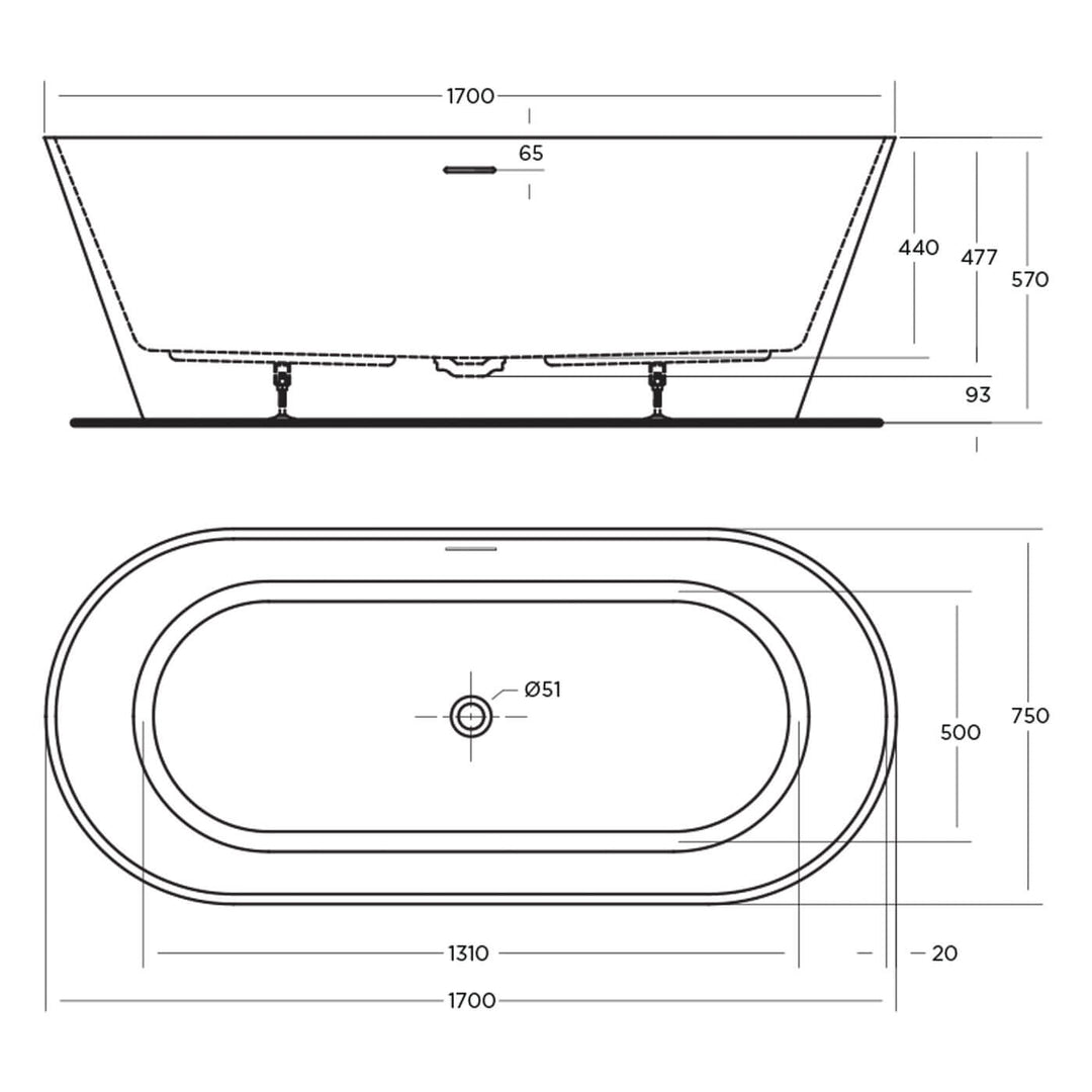 Nava Oval Freestanding Overflow Bathtub Gloss White 1400-1700mm