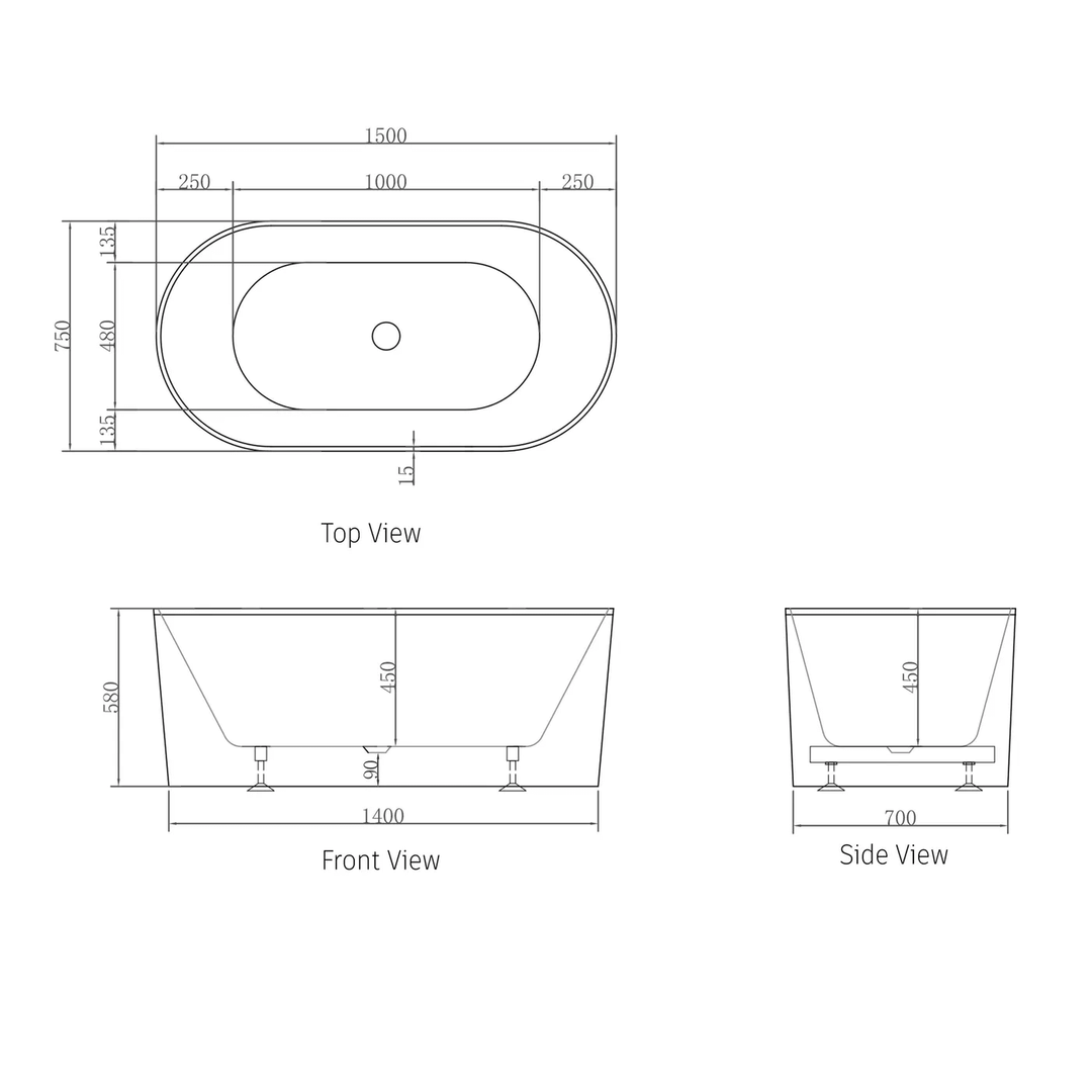 Noosa Fluted Freestanding Oval Bathtub 1500-1700mm