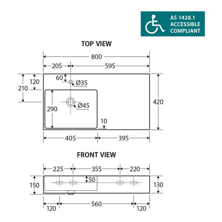 Petra Skew Wall Hung Ceramic Basin 800mm