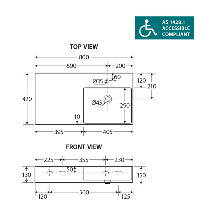 Petra Skew Wall Hung Ceramic Basin 800mm