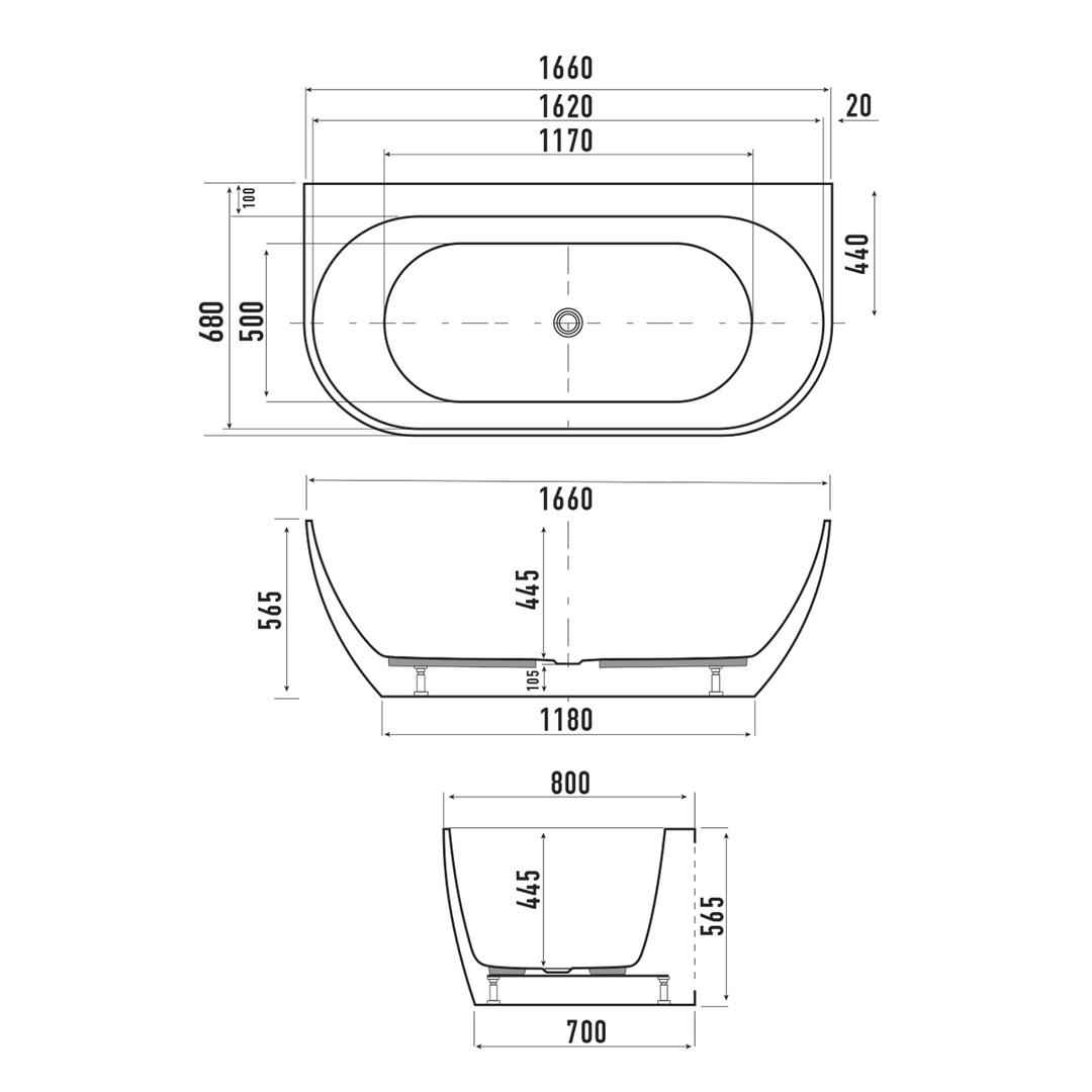 Positano Back to Wall Curved Bathtub 1660mm