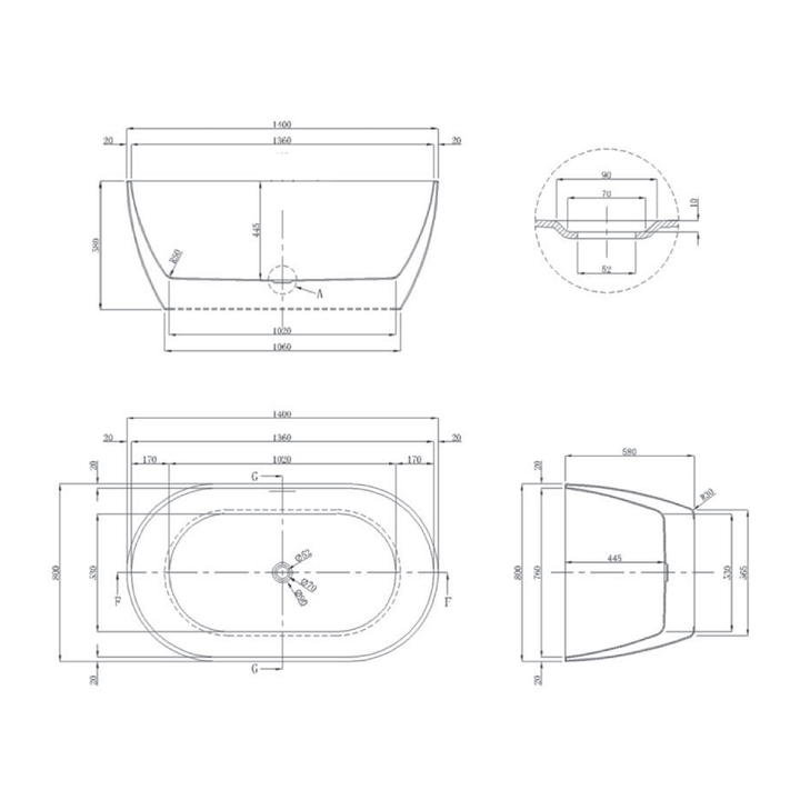 Positano Freestanding Oval Bathtub 1400-1800mm