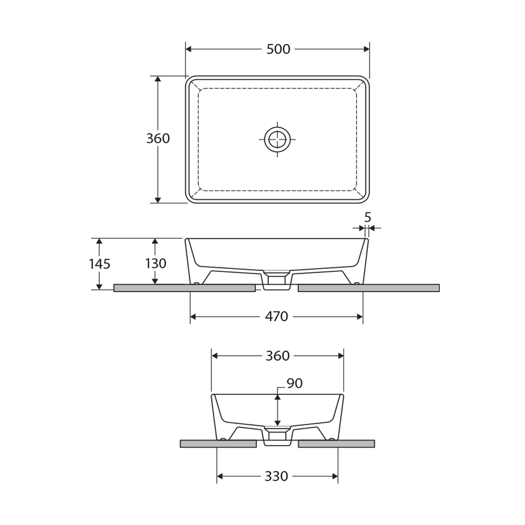 RAK Rectangle Above Counter Ceramic Basin 500x360mm