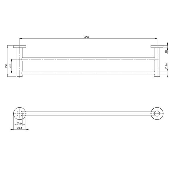 Radii Round Double Towel Rail 600-800mm