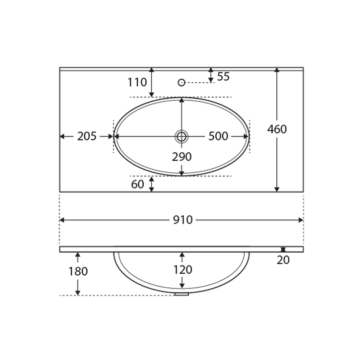 Rotondo Oval Ceramic Benchtop with Taphole (600-1200mm)