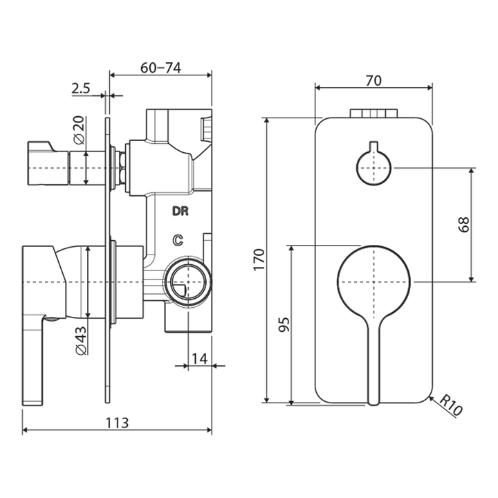 Sansa Slim Diverter Shower Wall Mixer Long Backplate