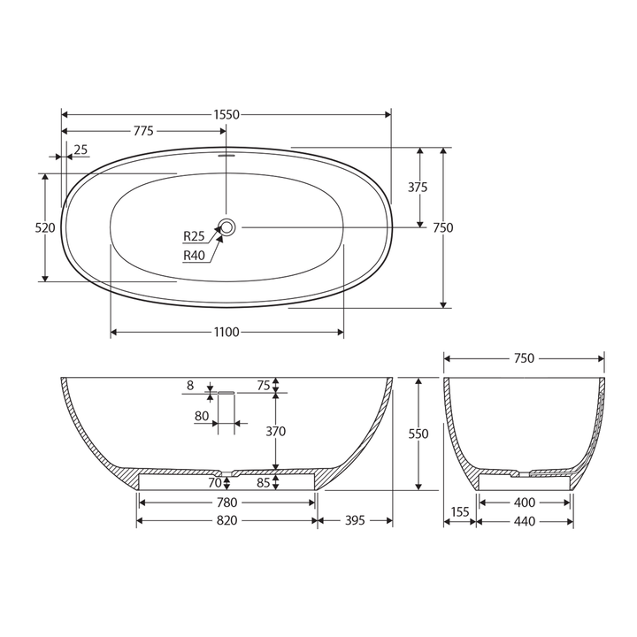 Sasso Freestanding Cast Stone Bathtub 1550-1650mm