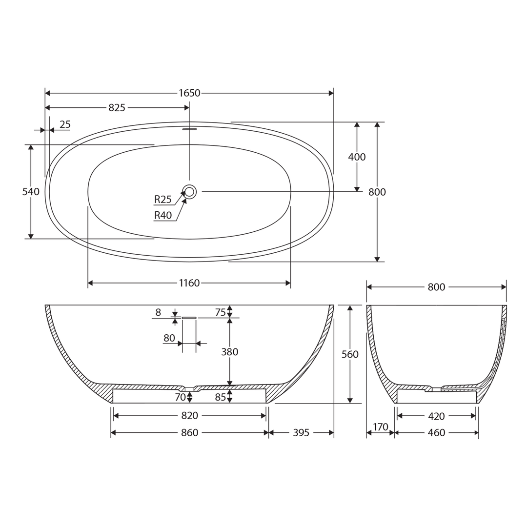 Sasso Freestanding Cast Stone Bathtub 1550-1650mm