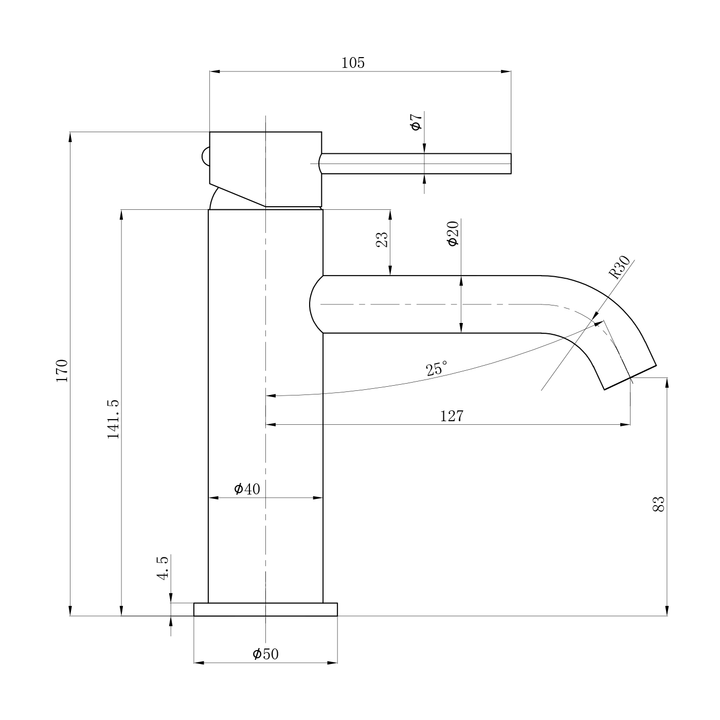 Slimline Curved Stainless Steel Short Basin Mixer