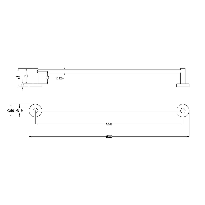 Slimline Stainless Steel Single Towel Rail 600-900mm