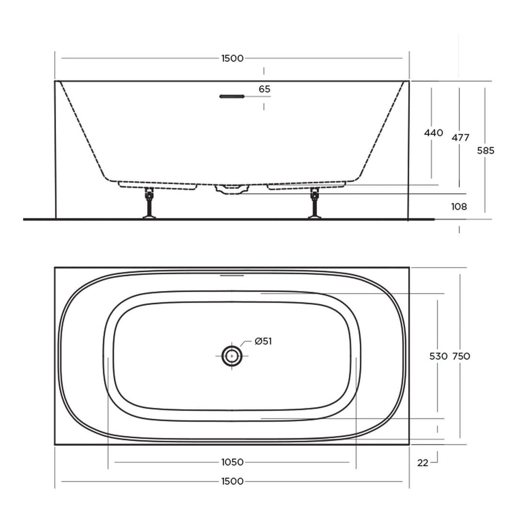 Studio Square Freestanding Overflow Bathtub Gloss White 1400-1700mm