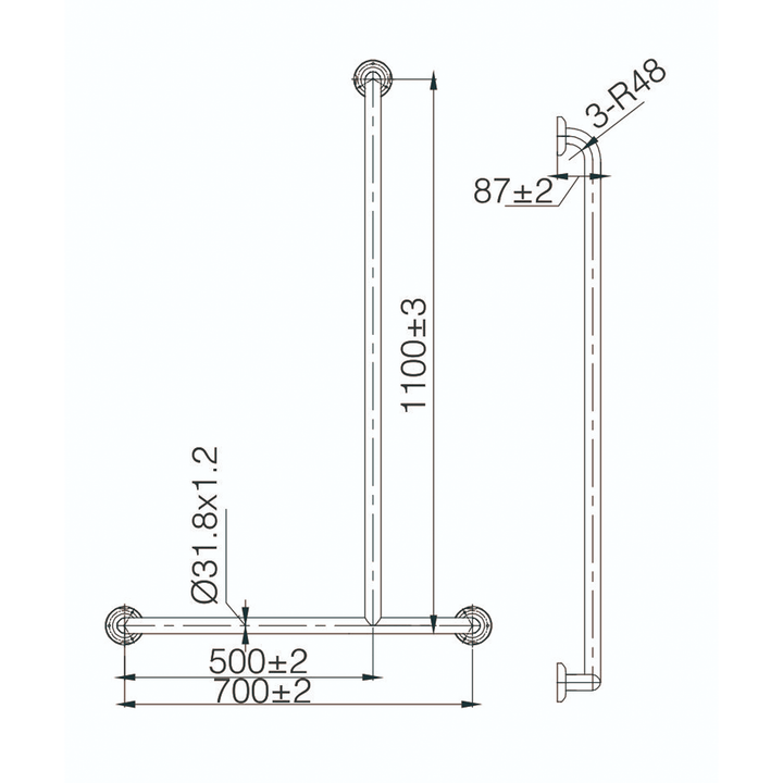 Care DDA T-Shape Grab Rail Support Bar 1100mm