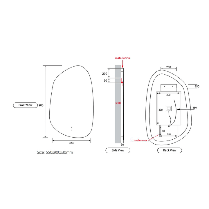 Tarcoola Asymmetrical LED Mirror 550x900mm