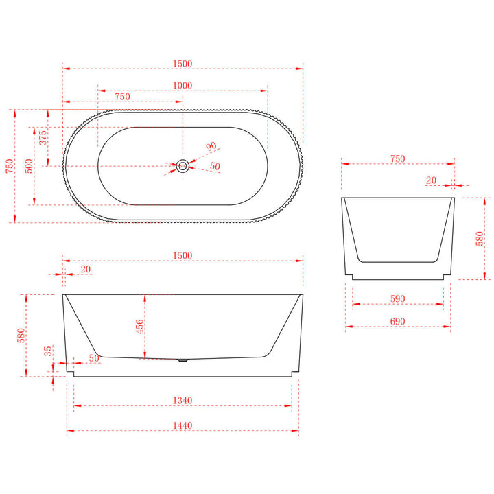 Trina Oval Ribbed Freestanding Fluted Bathtub 1500-1700mm