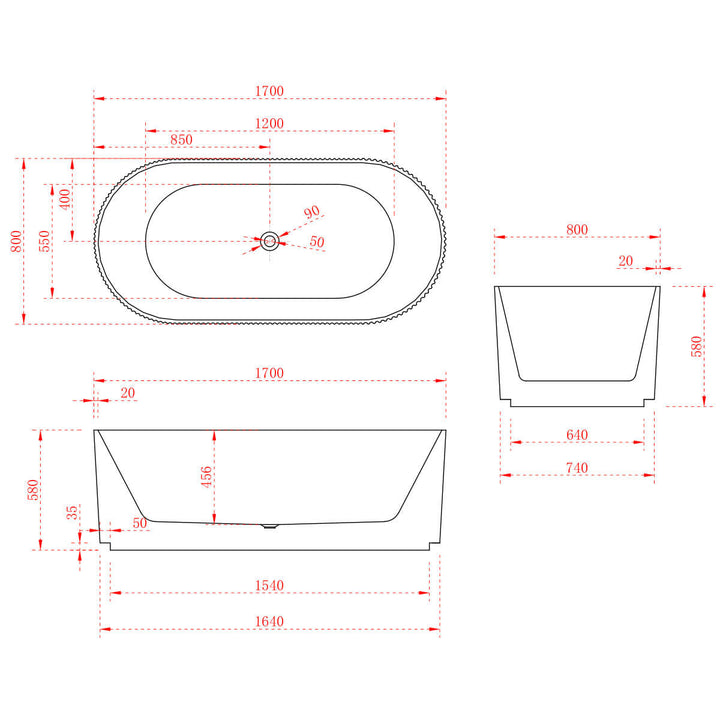 Trina Oval Ribbed Freestanding Fluted Bathtub 1500-1700mm