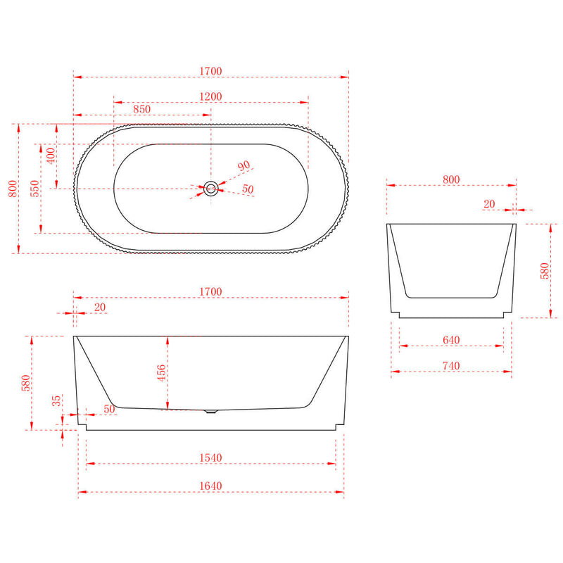 Trina Oval Ribbed Freestanding Fluted Bathtub 1500-1700mm