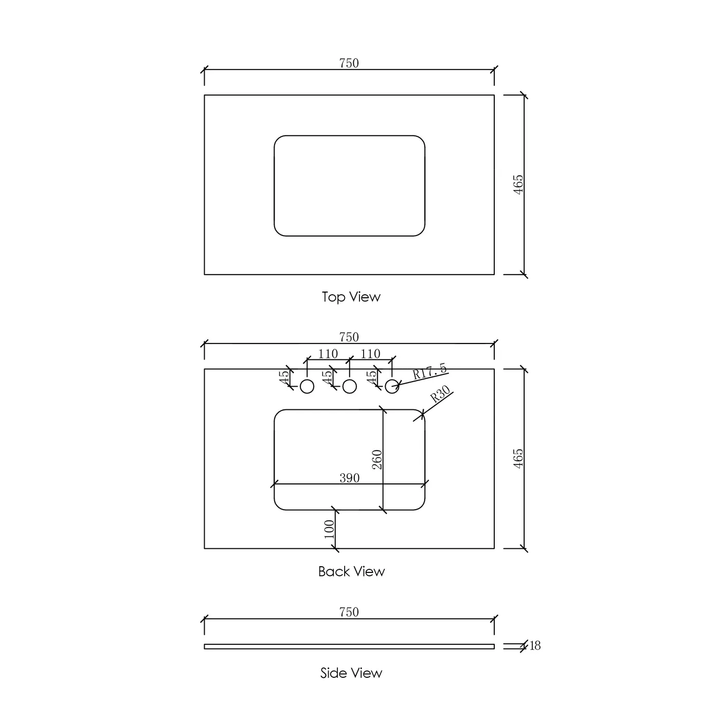 Otti Vanity Stone Benchtop with Undermount Basin (600-1800mm)