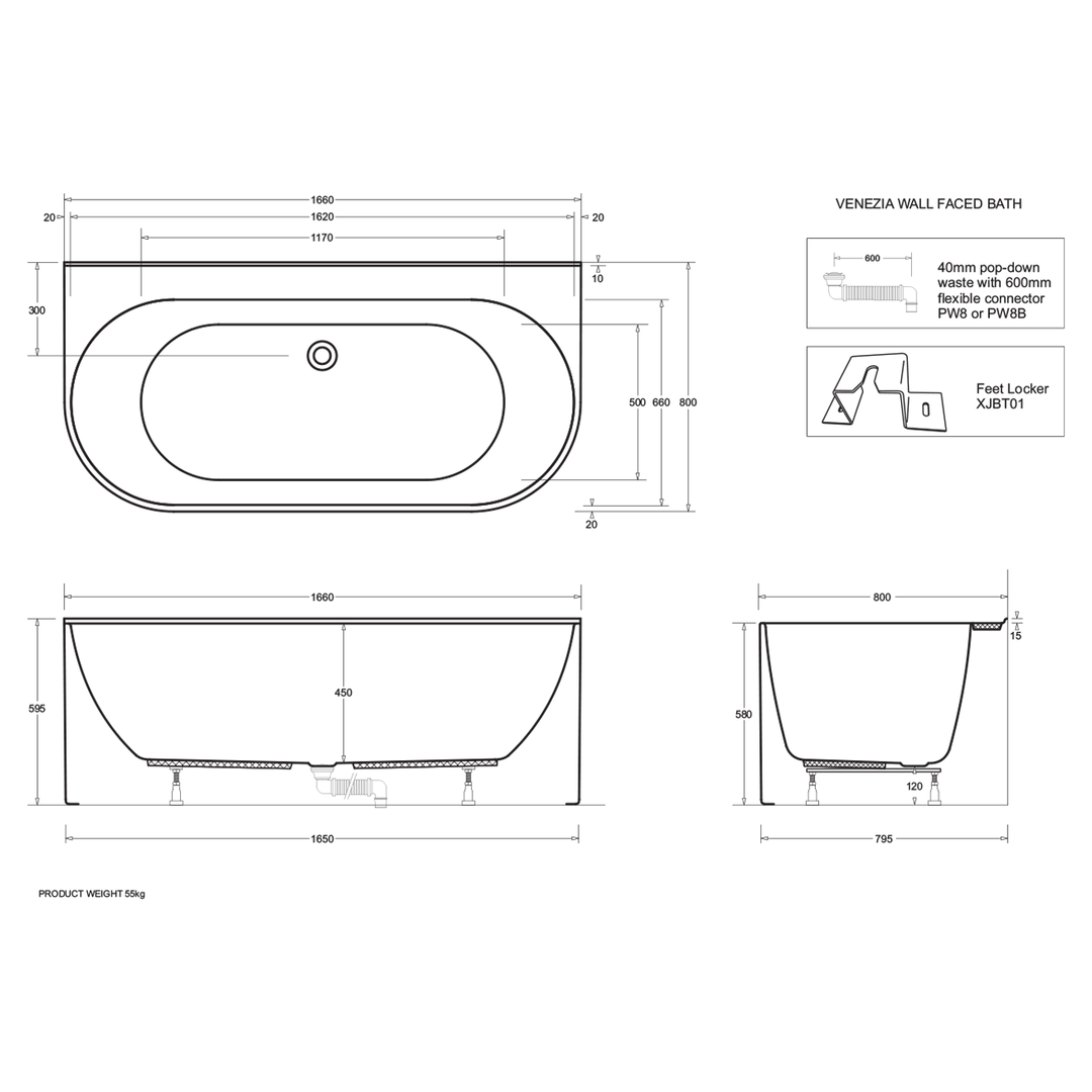 Venezia Back to Wall Acrylic Bath 1660mm