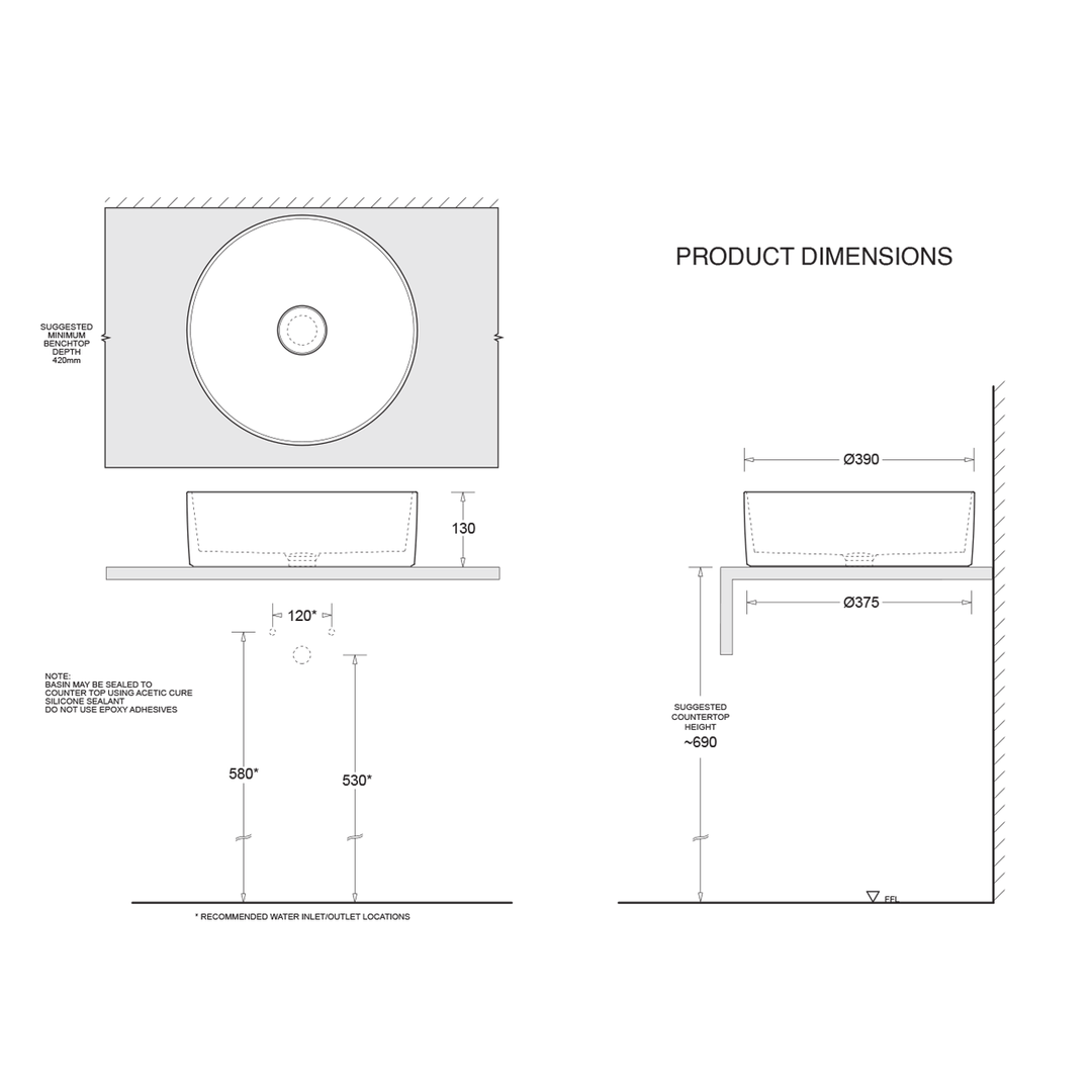 Venezia Round Above Counter Circle Basin 390mm