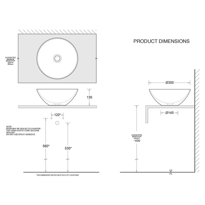 Venezia Round Above Counter Bowl Basin 350mm