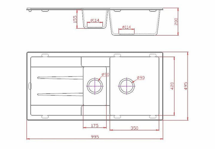 Venus Granite Double Bowl Sink with Drainer 1000x500x200mm