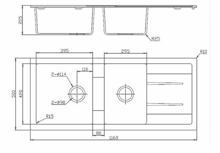 Venus Granite Double Bowl Sink with Drainer 1160x500x205mm