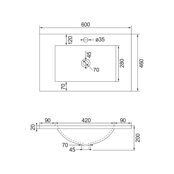 Ceramic Vanity Benchtop 460mm Sink (600-1500mm)